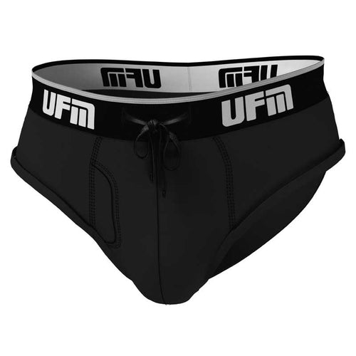 Black UFM men's brief with adjustable bamboo pouch for support and comfort in various activities.