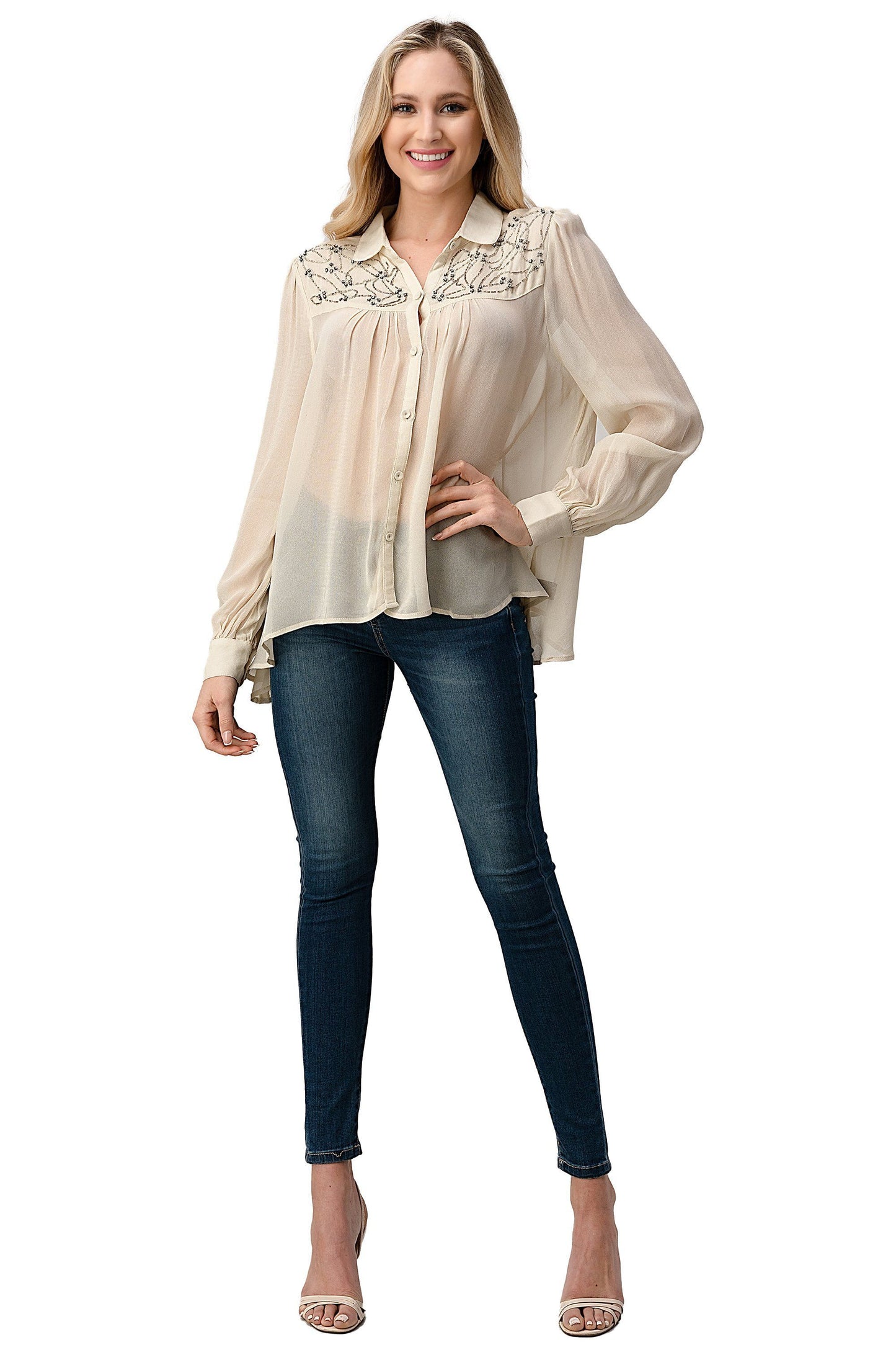 Embroidered Sheer Button-Up Blouse – Casual Elegance Indigo Arrowwood