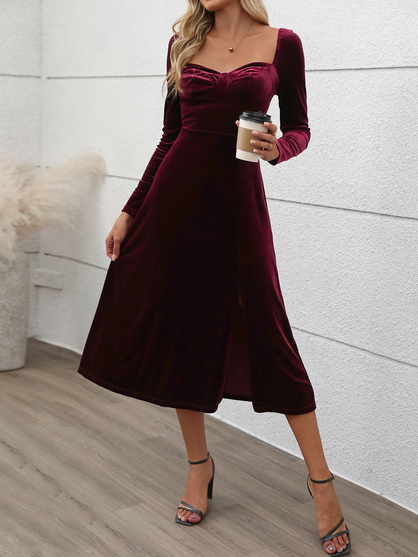 Perfee Sweetheart Neck Long Sleeve Midi Dress Trendsi