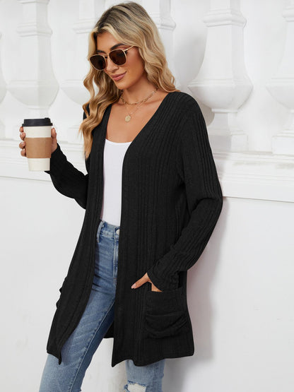 Pocketed Open Front Long Sleeve Cardigan Trendsi