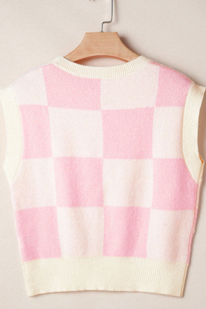 Bow Checkered Round Neck Sweater Vest Trendsi