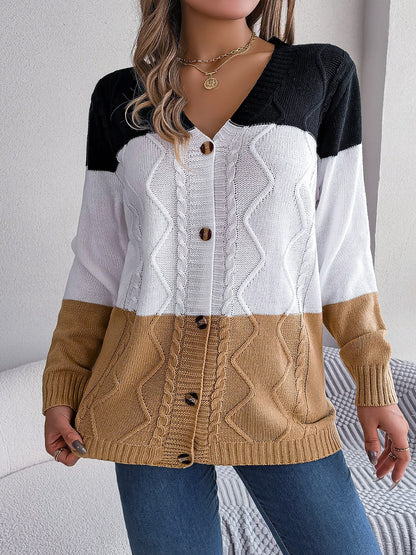 Cable-Knit Striped Button Up Cardigan Trendsi