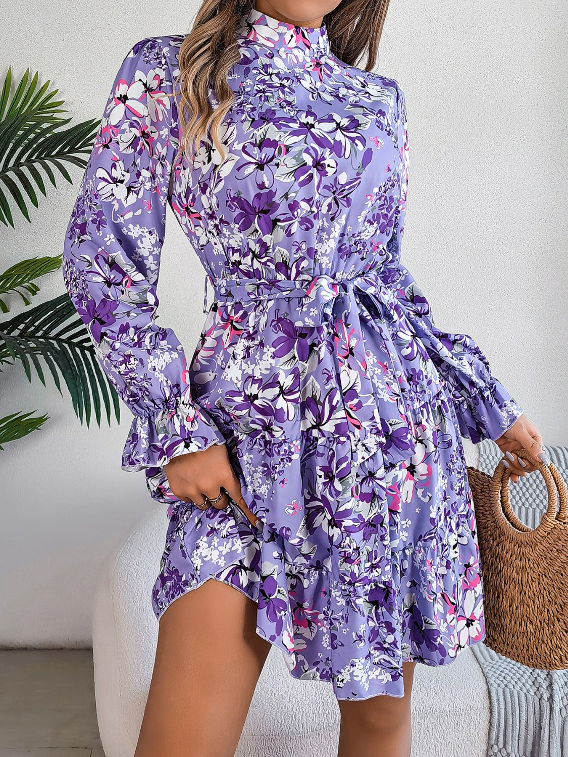 Printed Mock Neck Flounce Sleeve Mini Dress Trendsi