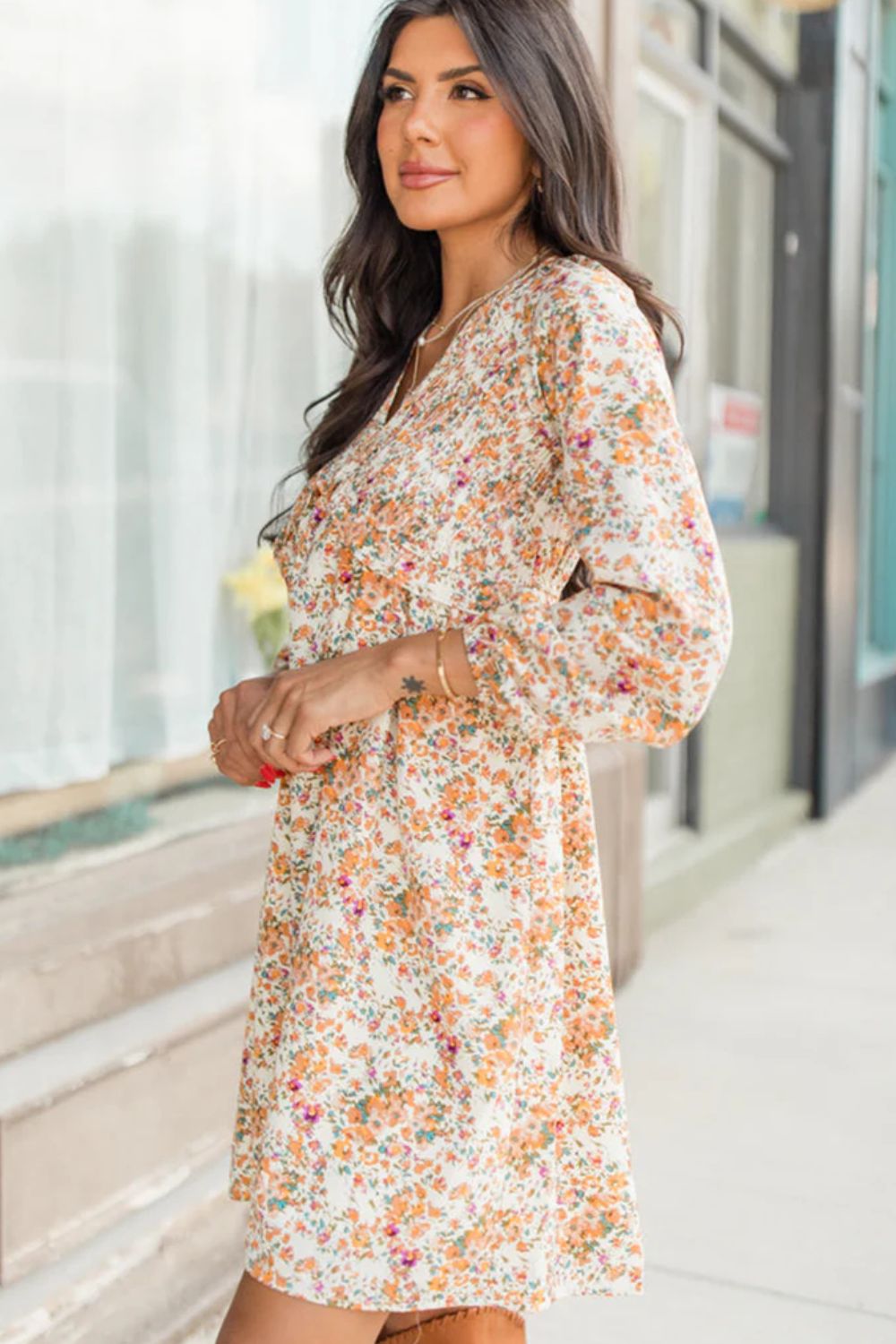 Printed V-Neck Balloon Sleeve Mini Dress Trendsi