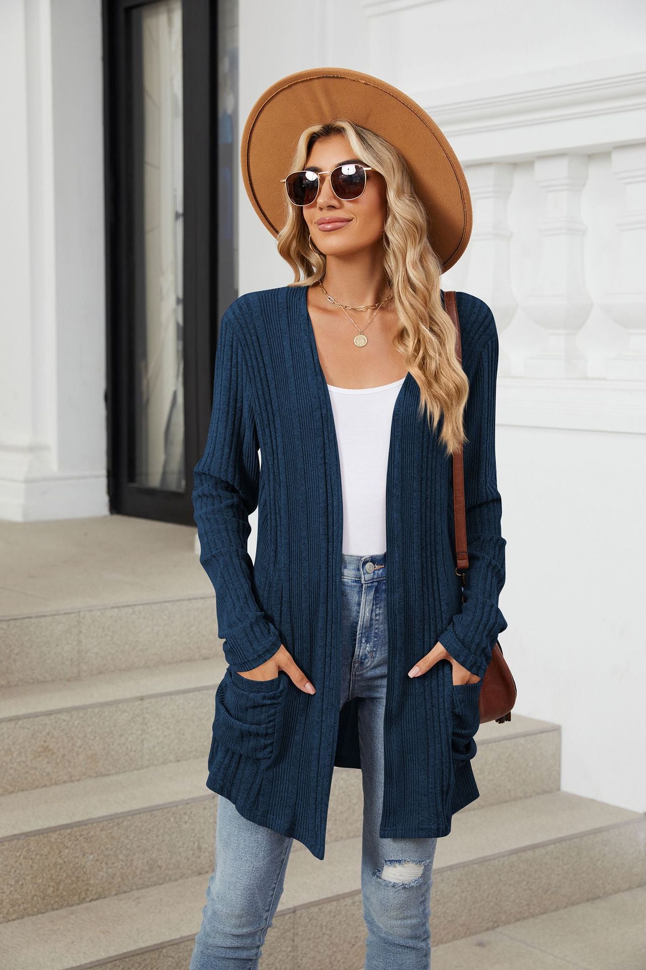 Pocketed Open Front Long Sleeve Cardigan Trendsi