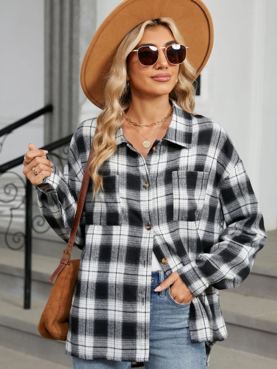 Plaid Collared Neck Long Sleeve Shirt Trendsi