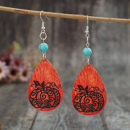 Handmade Turquoise Wooden Pumpkin Earrings - Alloy Wood Jewelry