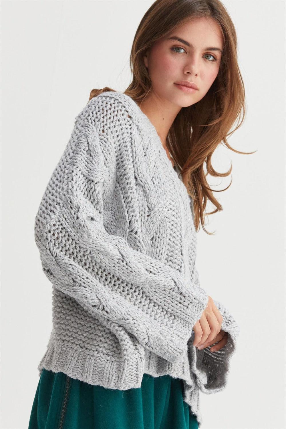 HYFVE Cable Knit V-Neck Sweater Trendsi