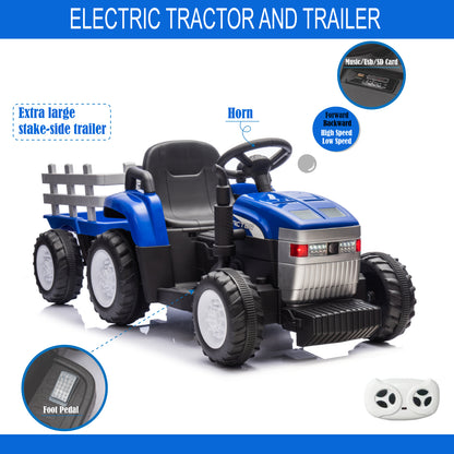 Blue, 12V7AH Battery-Powered Toy Tractor with Trailer, Remote Control, Kids' Electric Excavator Vehicles with 2x35W Dual Motor, Treaded Tires, LED Lights, USB, Music,   - Gifts for Boy, Girl 6cc08b-1a