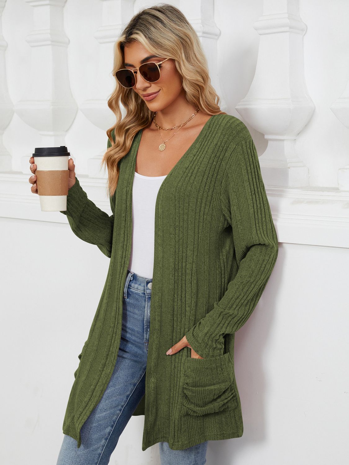 Pocketed Open Front Long Sleeve Cardigan Trendsi