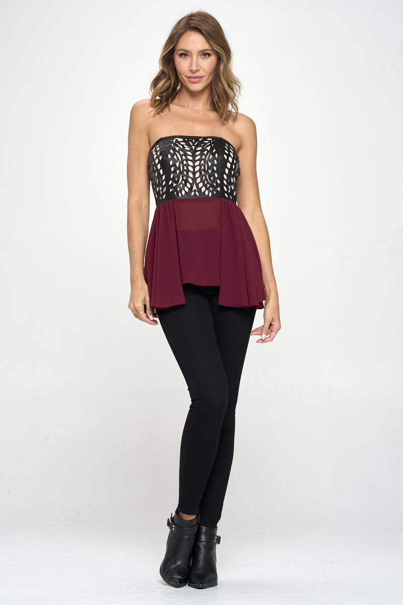 Strapless Laser-Cut Chiffon Peplum Top for Women Indigo Arrowwood