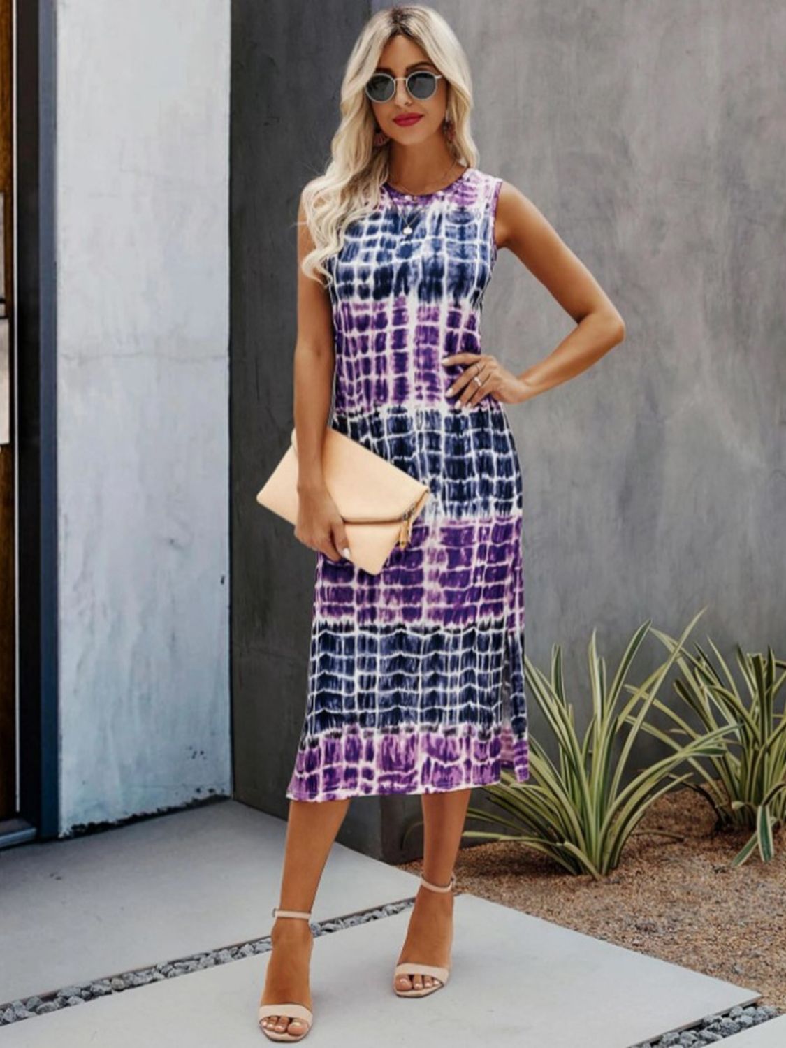 Slit Printed Round Neck Sleeveless Dress Trendsi