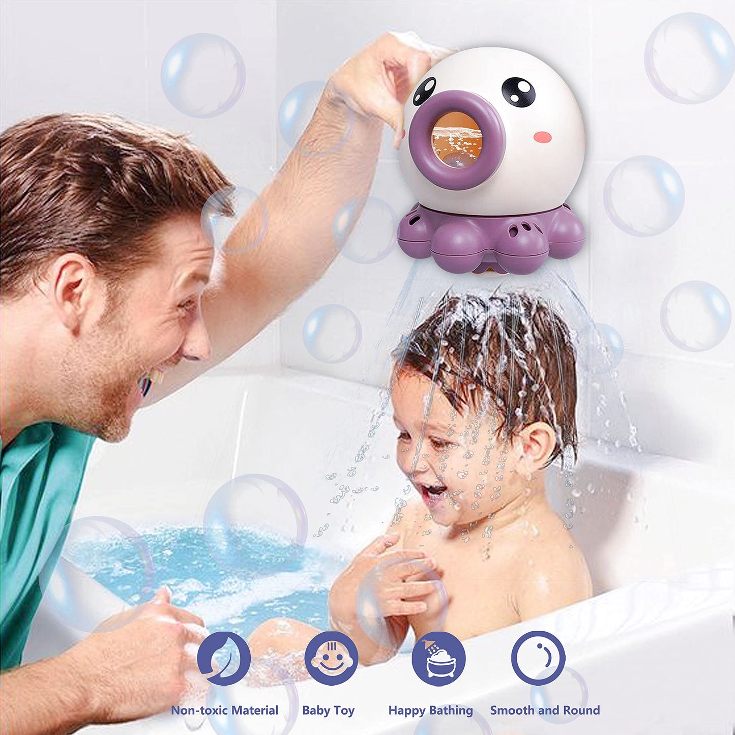 Octopus fountain bath toy spraying water in a bathtub with child playing.