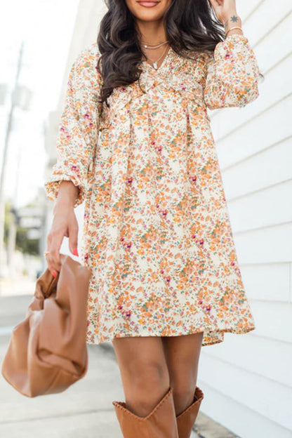 Printed V-Neck Balloon Sleeve Mini Dress Trendsi