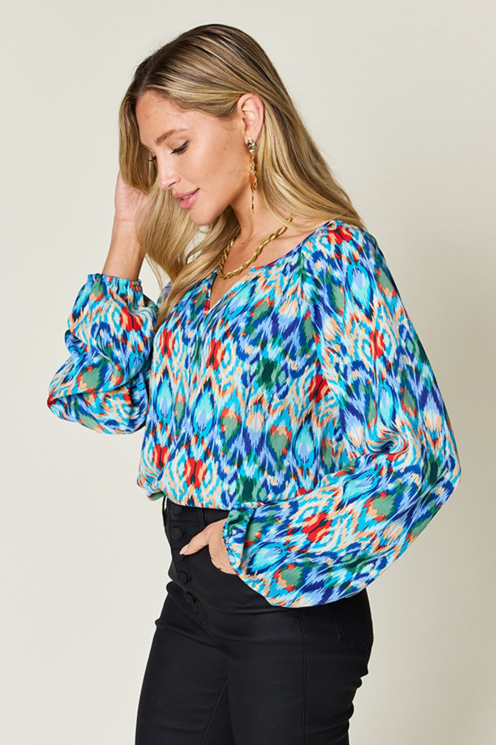 Double Take Full Size Printed Balloon Sleeve Blouse Trendsi