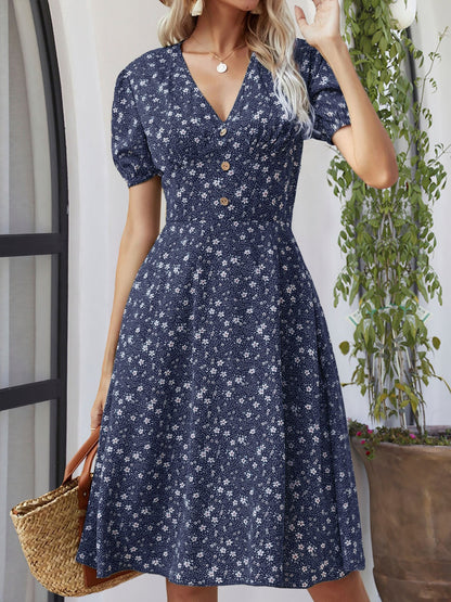 Printed V-Neck Short Sleeve Dress Trendsi