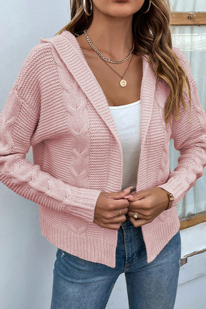 Cable-knit dropped shoulder hooded cardigan in pink with open front design, long sleeves, and cable-knit texture.