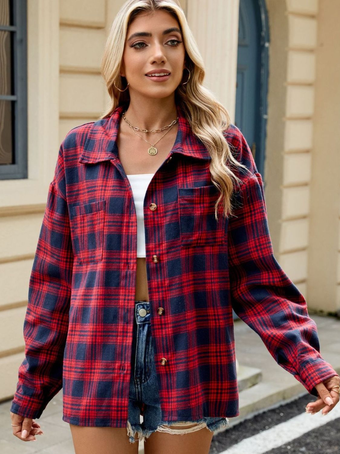 Plaid Collared Neck Long Sleeve Shirt Trendsi