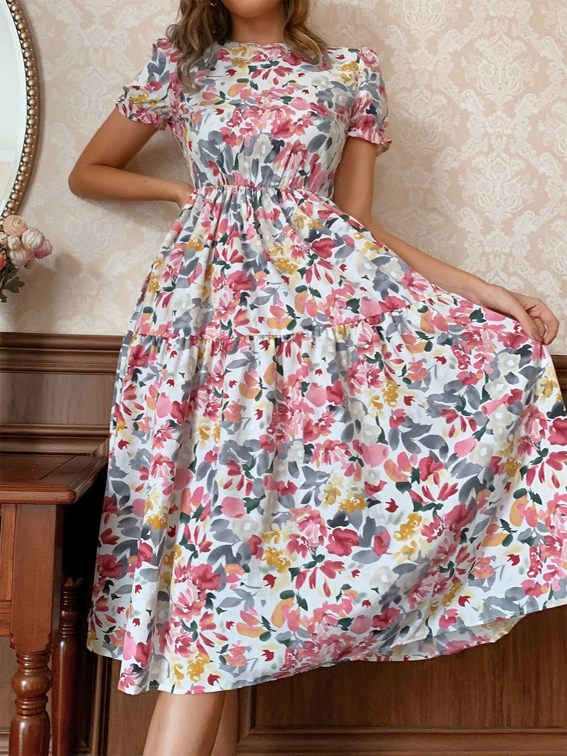 Floral Round Neck Short Sleeve Midi Dress Trendsi