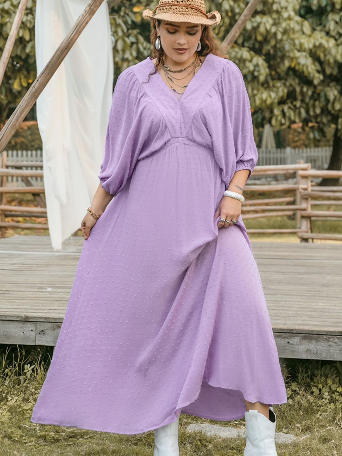 Plus Size Swiss Dot V-Neck Midi Dress Trendsi