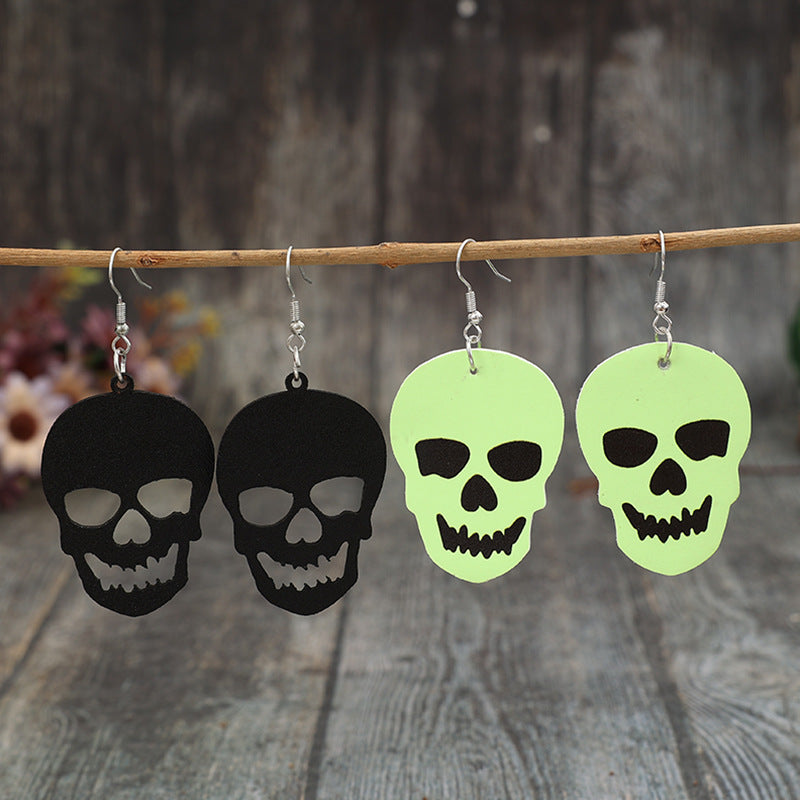 Unique 2-Pair PU Leather Skull Dangle Earrings on display, featuring edgy design and alloy craftsmanship.