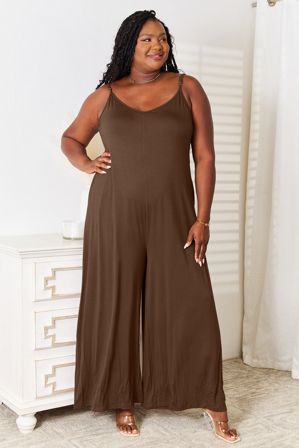 Double Take Full Size Soft Rayon Spaghetti Strap Tied Wide Leg Jumpsuit Trendsi