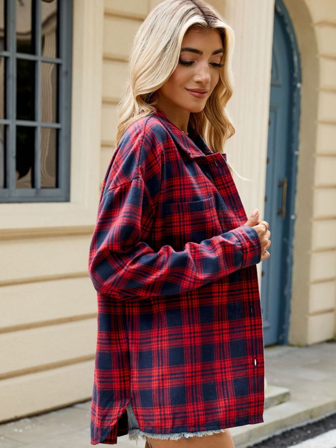 Plaid Collared Neck Long Sleeve Shirt Trendsi