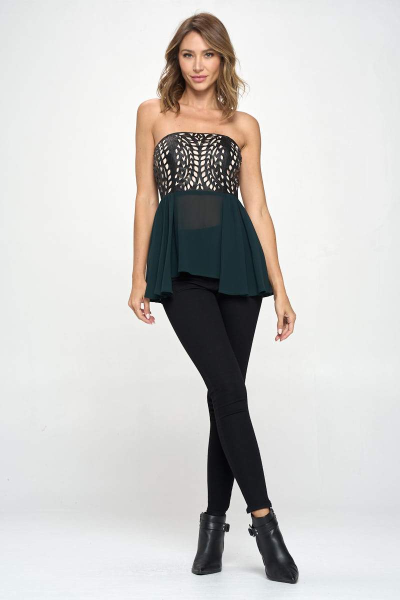 Strapless Laser-Cut Chiffon Peplum Top for Women Indigo Arrowwood