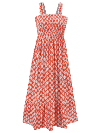 Smocked Printed Square Neck Sleeveless Dress Trendsi