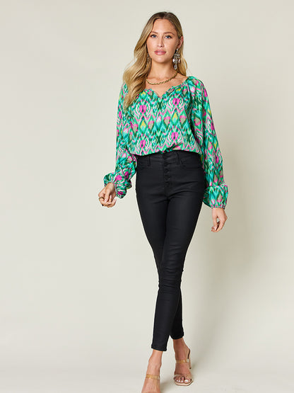 Double Take Full Size Printed Balloon Sleeve Blouse Trendsi