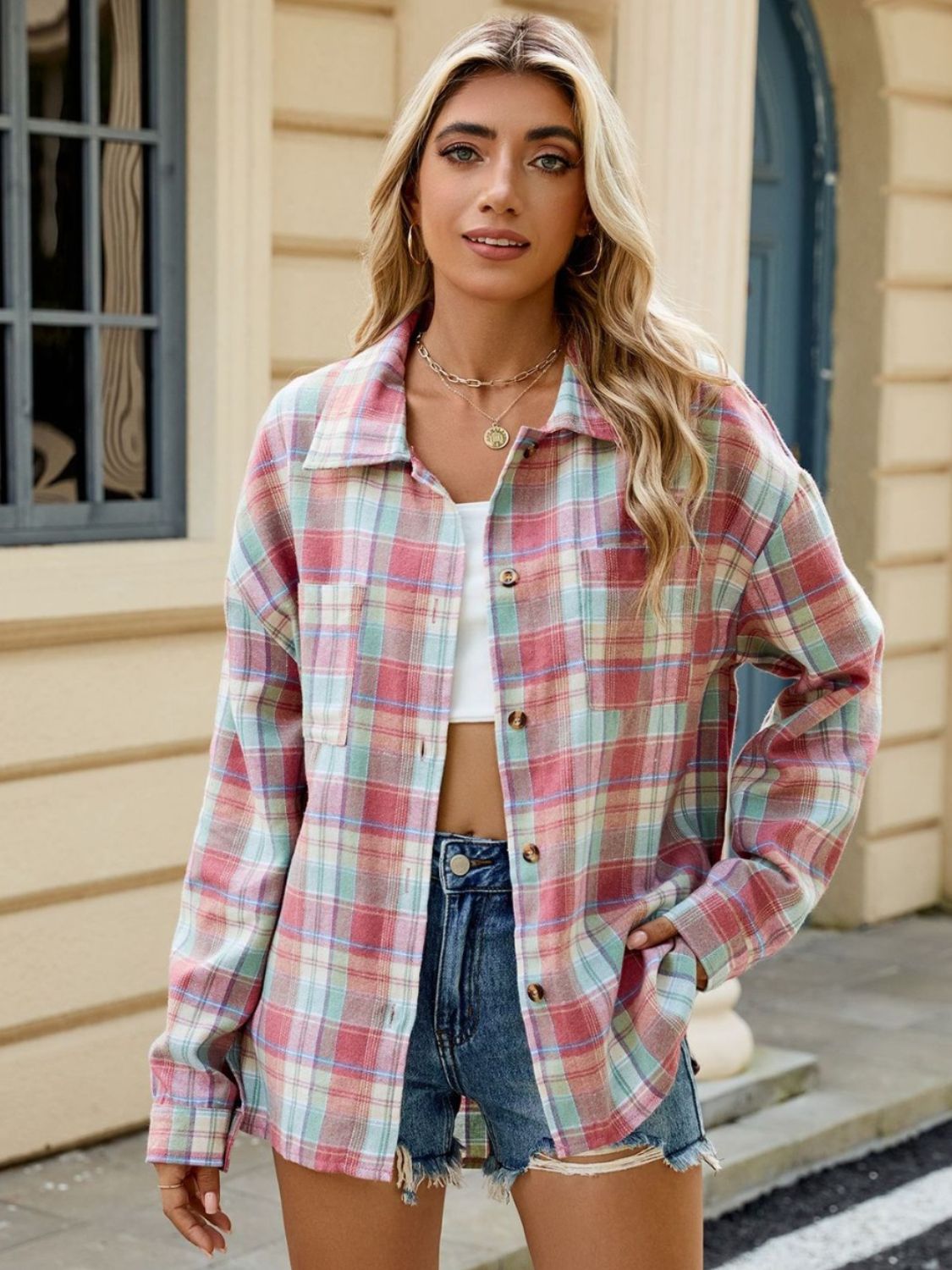 Plaid Collared Neck Long Sleeve Shirt Trendsi