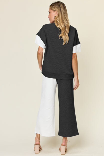 Double Take Full Size Texture Contrast T-Shirt and Wide Leg Pants Set Trendsi