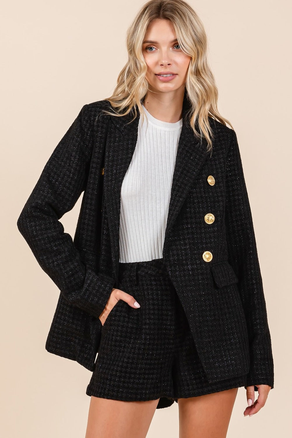 Mittoshop Plaid Texture Double-Breasted Long Sleeve Blazer Trendsi