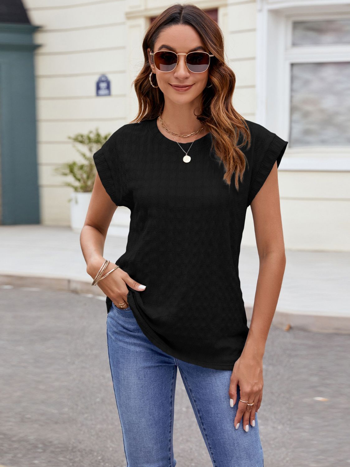 Textured Round Neck Cap Sleeve T-Shirt Trendsi