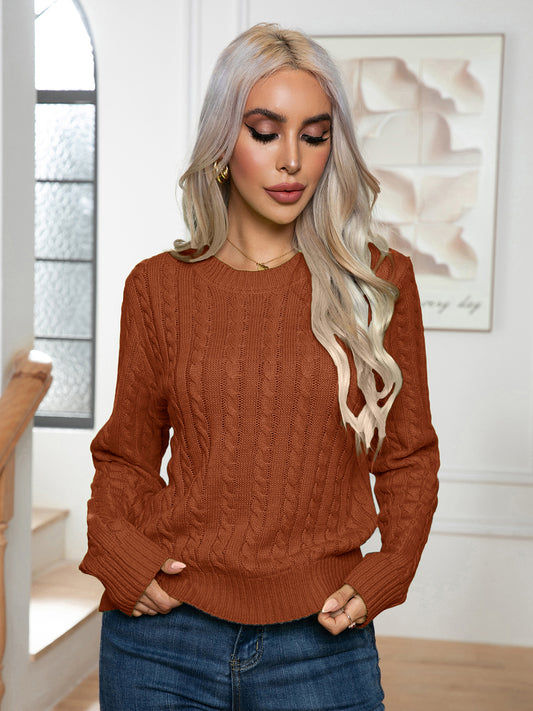 Cable-Knit Round Neck Long Sleeve Sweater Trendsi