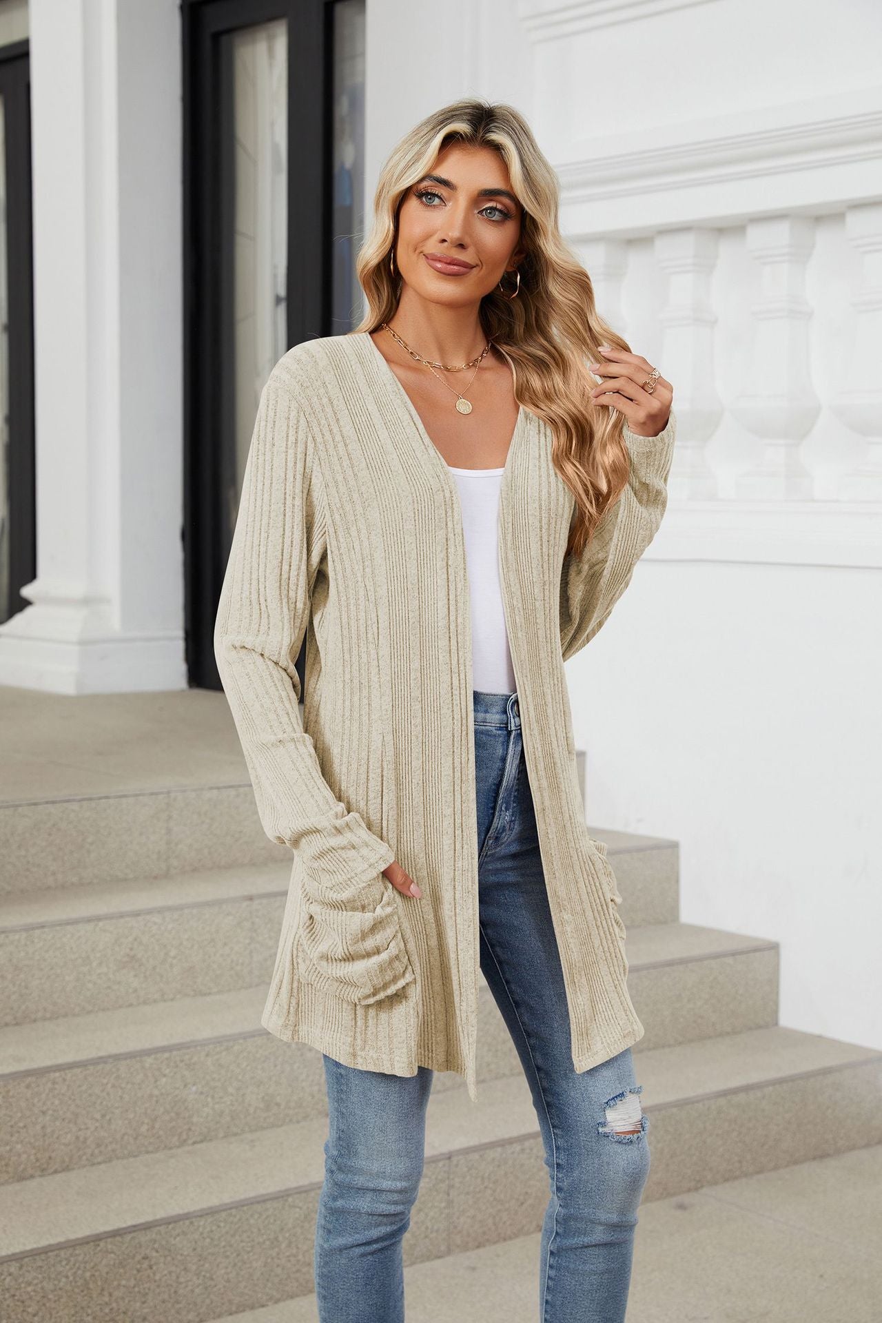 Pocketed Open Front Long Sleeve Cardigan Trendsi