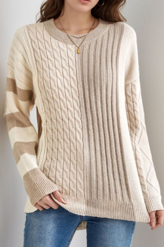 Cable-Knit Color Block Round Neck Sweater Trendsi