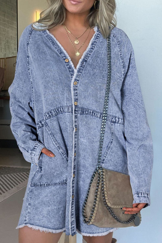 Raw Hem Button Down Long Sleeve Denim Dress Trendsi