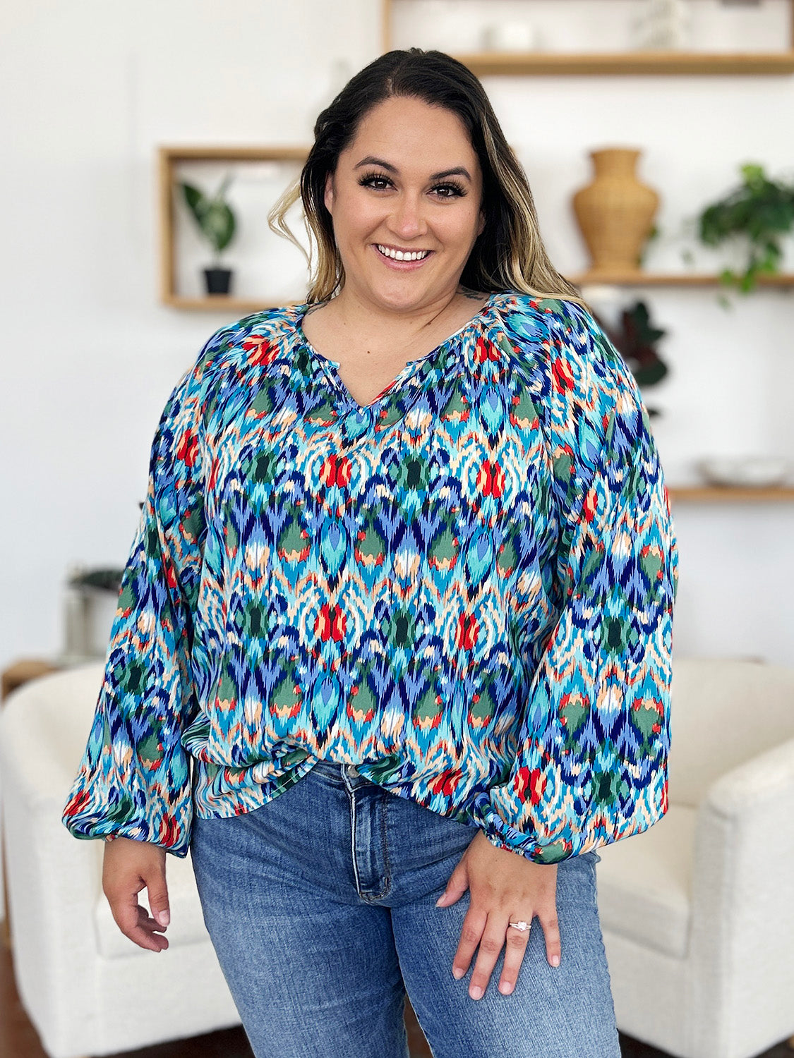 Double Take Full Size Printed Balloon Sleeve Blouse Trendsi