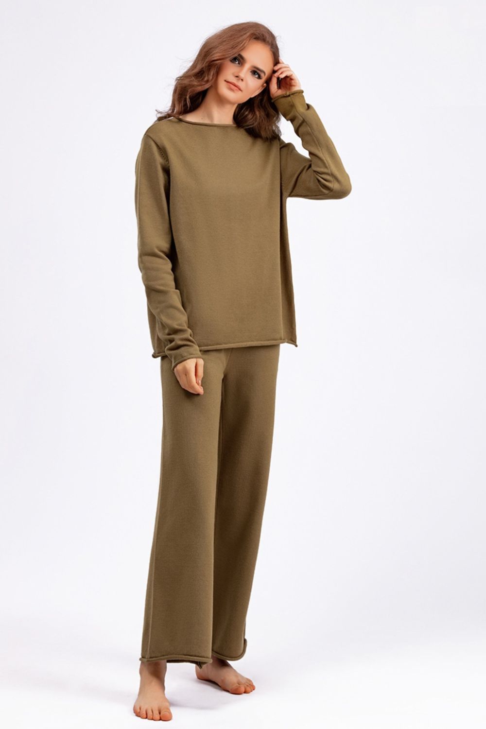 Basic Bae Rolled Round Neck Top and Pants Sweater Set Trendsi