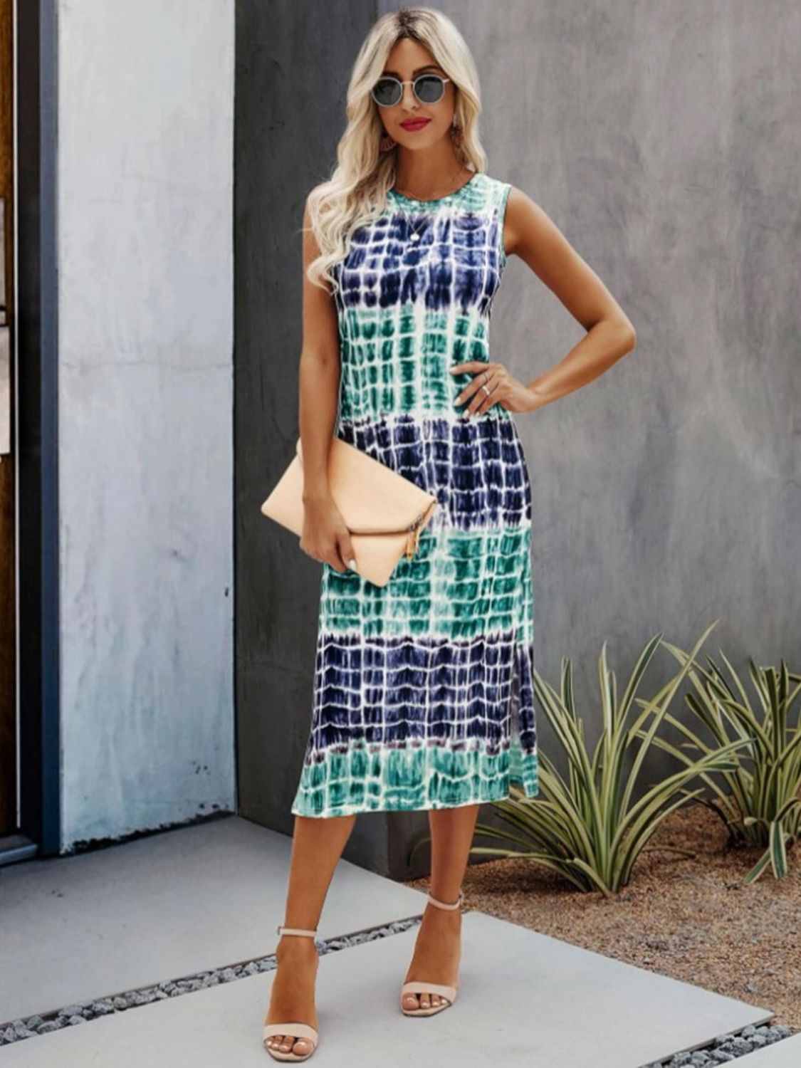 Slit Printed Round Neck Sleeveless Dress Trendsi