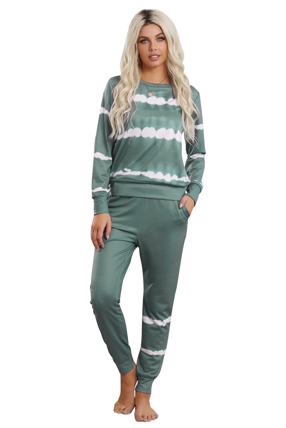 Army Green Tie-dye Stripes Pullover Top and Pants Lounge Set Lavender Pallas