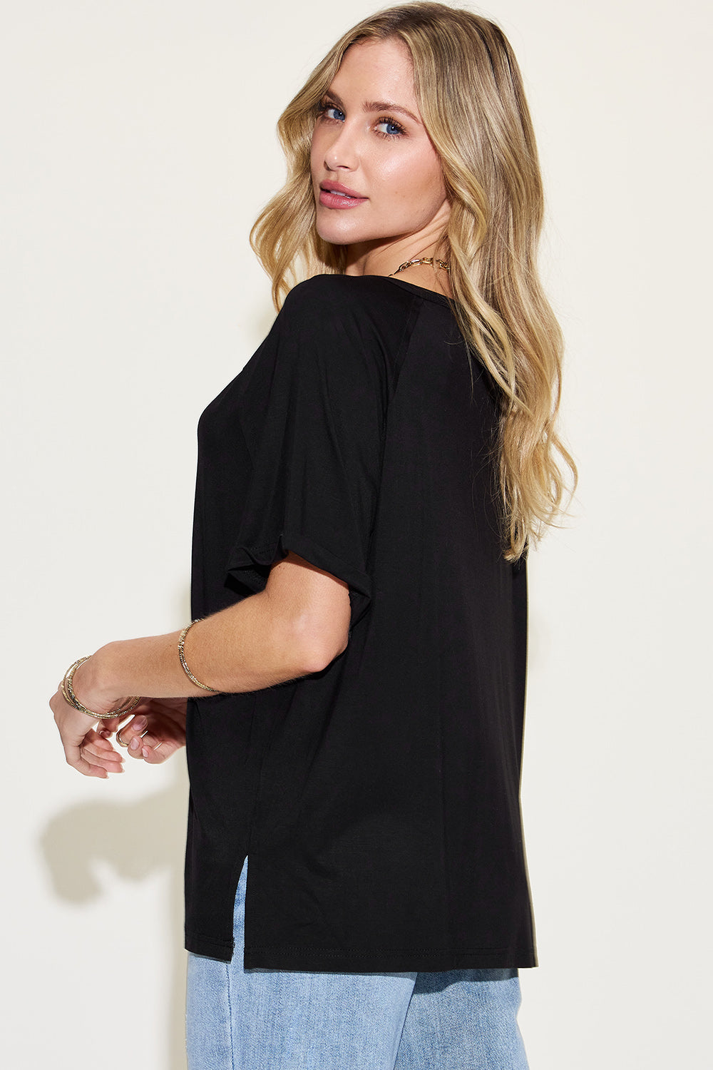 Basic Bae Full Size Bamboo Slit V-Neck Short Sleeve T-Shirt Trendsi