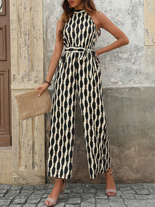 Tied Printed Grecian Neck Jumpsuit Trendsi