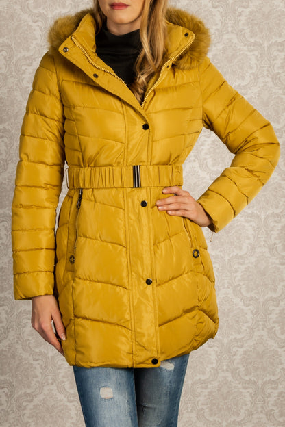 Long quilted jacket with detachable hood with faux fur Sartene, yellow Scarlet Chaos