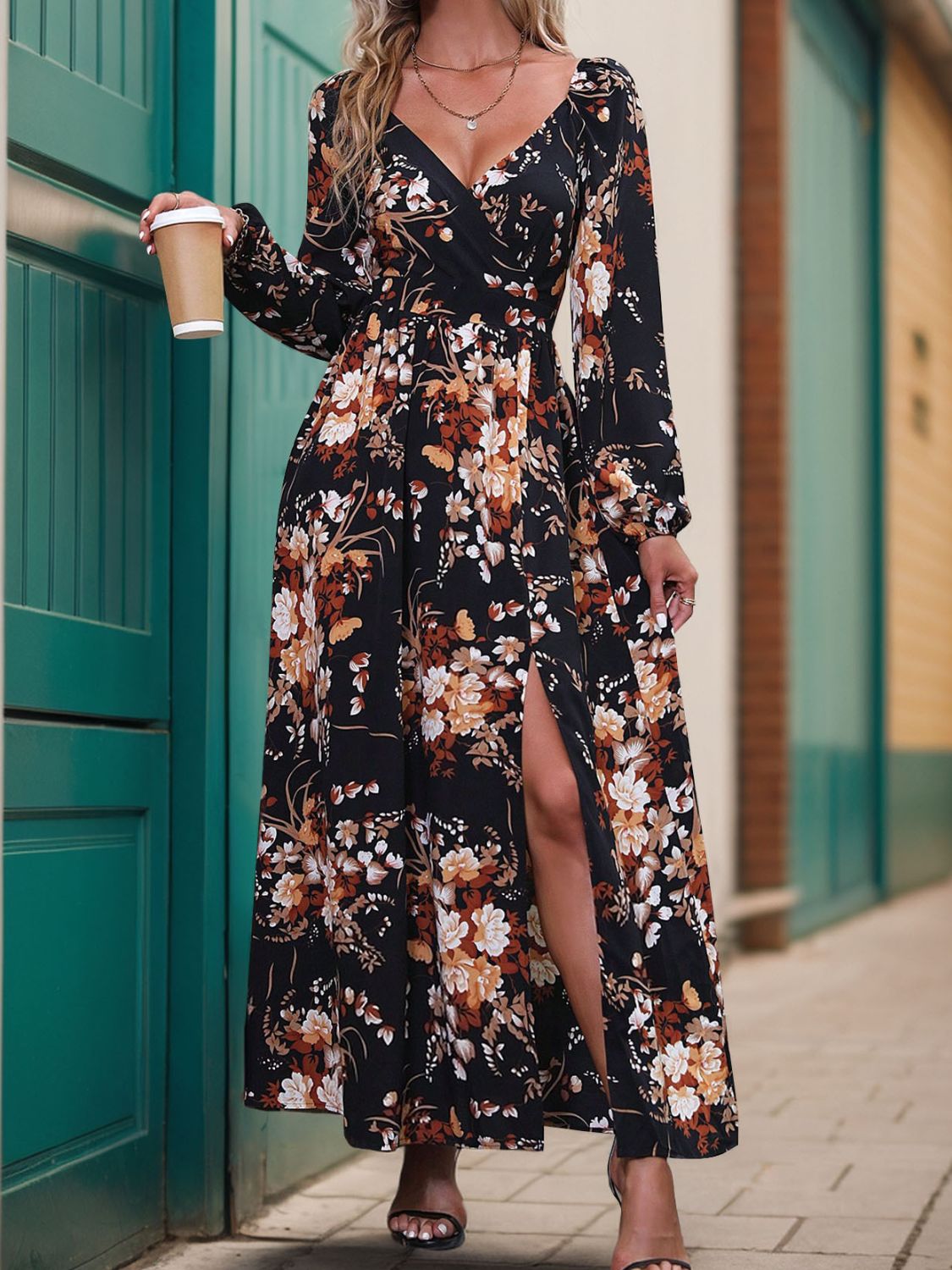 Perfee Slit Printed Surplice Long Sleeve Maxi Dress Trendsi