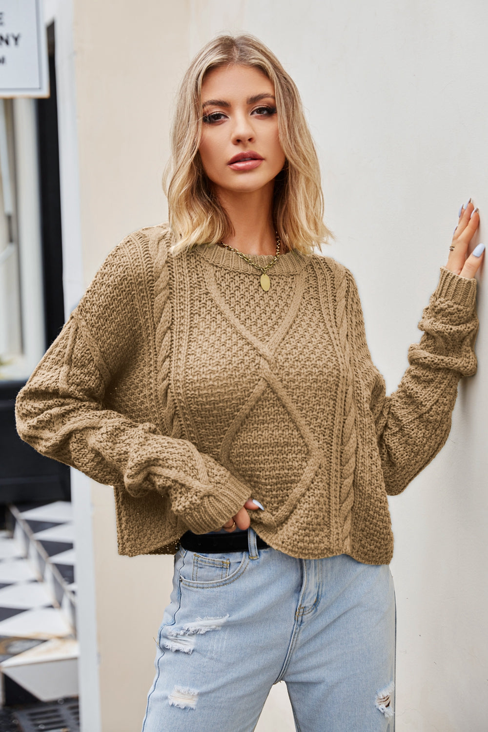 Cable-Knit Round Neck Dropped Shoulder Sweater Trendsi