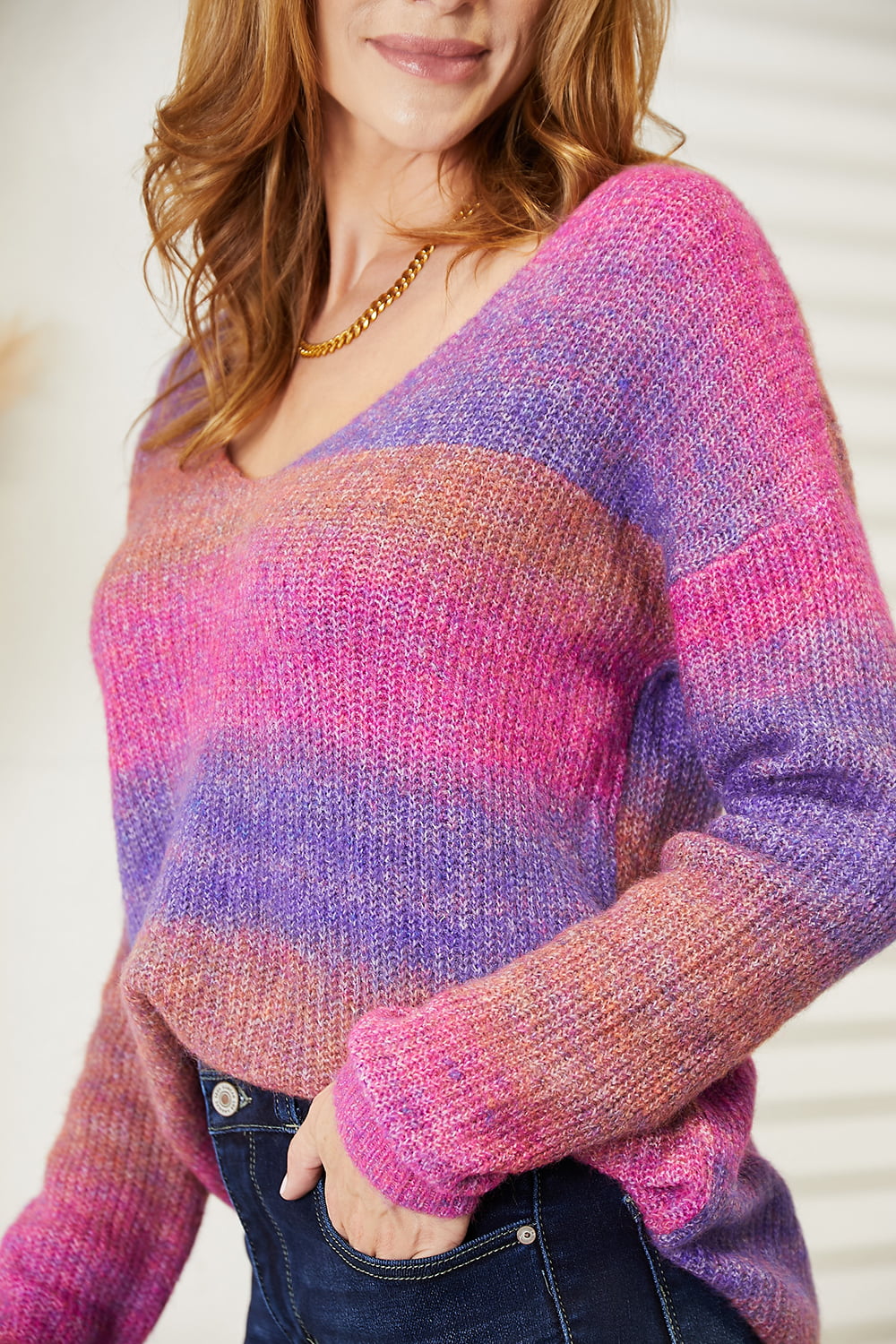 Angel Wings Multicolored Rib-Knit V-Neck Knit Pullover Trendsi