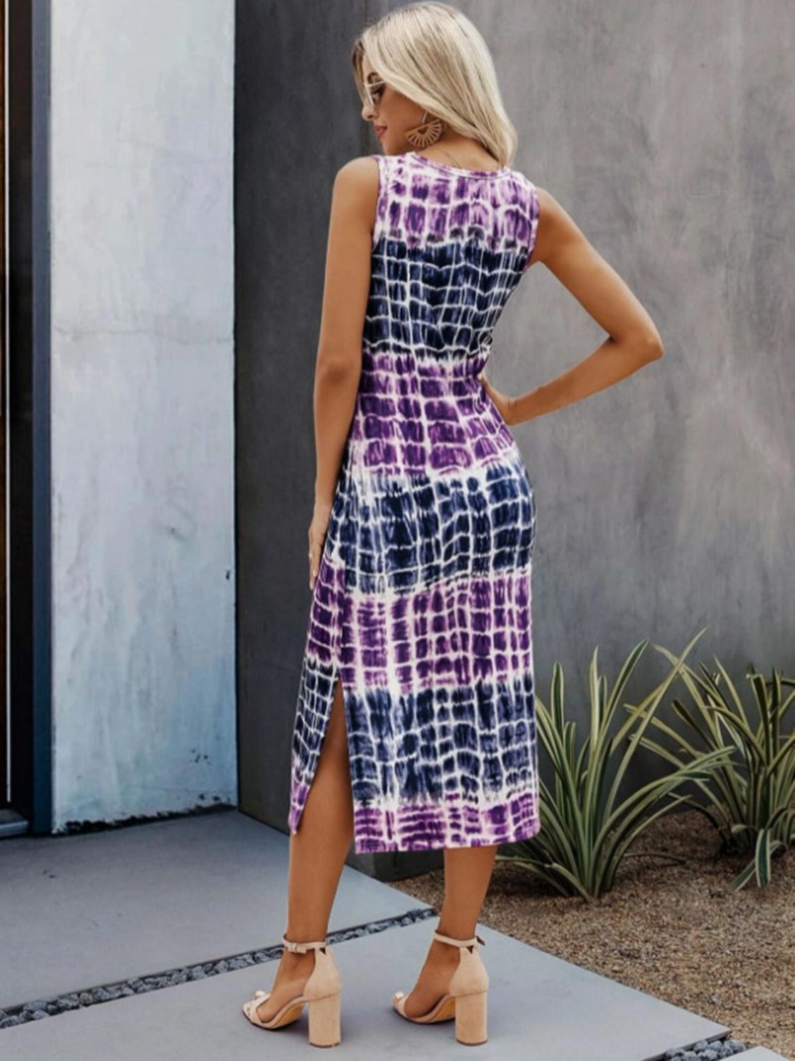 Slit Printed Round Neck Sleeveless Dress Trendsi