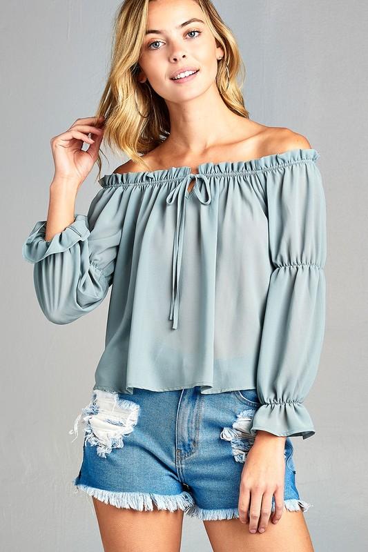 Women's Puff Long Sleeve Ruffled Front Tie Off Shoulder Top Ivory Felix